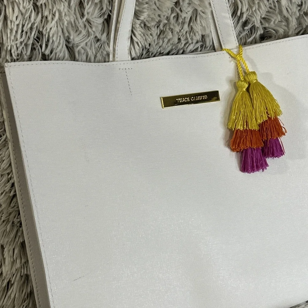 Vince‎ Camuto Large White Tote Bag Top Handles Pastel Tassel Beach Boho Festival